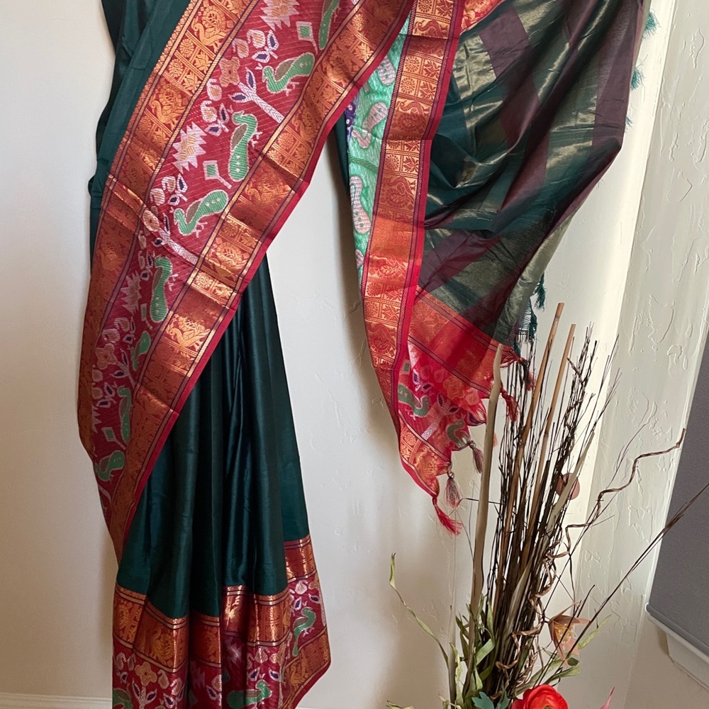Emerald Green & Red silk saree